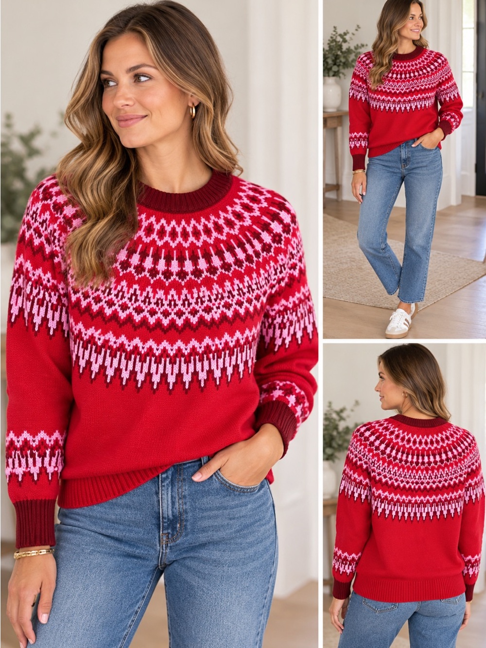 Vineyard Vines Red & Pink Fair Isle Crewneck Sweater